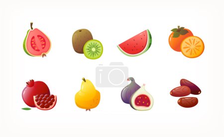 Téléchargez les photos : Collection d'icônes colorées de fruits tropicaux asiatiques frais. Fruits entiers avec une tranche d'images. Produits biologiques courants sur les marchés d'alimentation. Images vectorielles isolées de délicieuses épiceries biologiques exotiques douces. - en image libre de droit