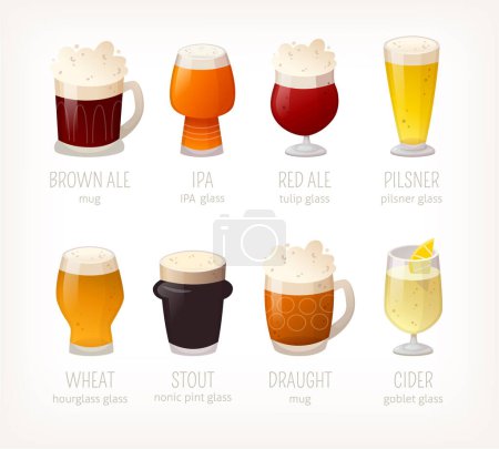 Téléchargez les photos : Collection de verres à bière avec noms. Variété de boissons alcoolisées bière stout et pilsner. Images vectorielles isolées de boissons pub classiques. - en image libre de droit