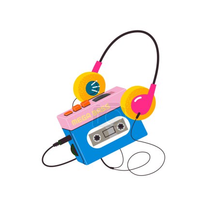 Téléchargez les photos : Lecteur de cassettes radio. Appareil de musique audio portable vintage rétro des années 1980. Écouteurs ou écouteurs intra-auriculaires fixés. Image vectorielle isolée dans des couleurs vibrantes à la mode. Ambiances nostalgiques. - en image libre de droit