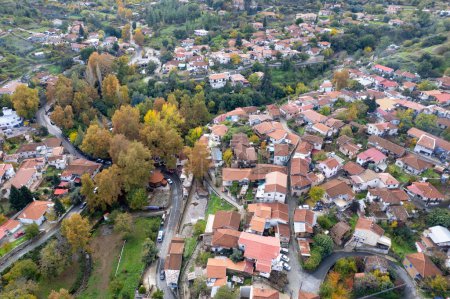 Photo for Drone aerial scenery of kampos mountain village in autumn. Troodos cyprus Europe - Royalty Free Image