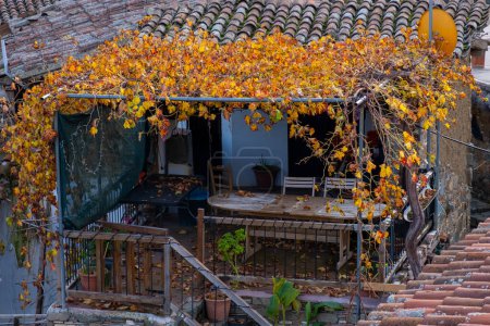 Téléchargez les photos : Façade et toit de la maison de village traditionnelle. La vie rurale. Figardou cyprus - en image libre de droit