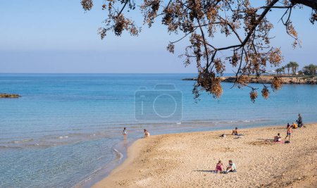 Photo for Protaras, Cyprus, January 29 2023: Tourist people enjoying the sandy beach relaxing, sunbathing and swimming in winter. Protaras fig tree bay Cyprus - Royalty Free Image