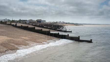 Whitstable coast line and wooden breakwater. Kent United Kingdom.
