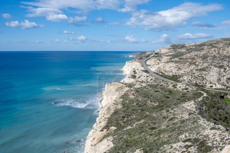Drone aerial coastline route scenic. Blue sea cloudy sky. Paphos Cyprus.