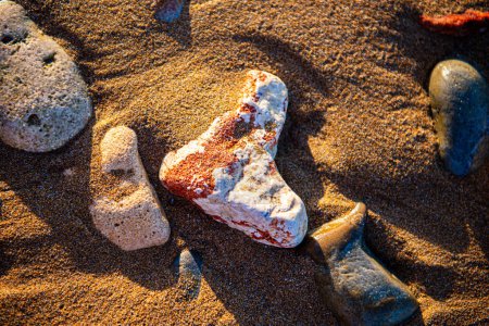 Téléchargez les photos : Sable de mer et pierres sur la plage au coucher du soleil - en image libre de droit