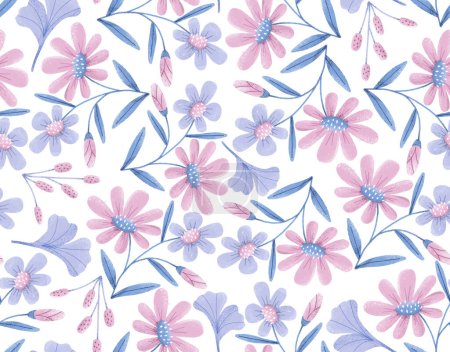 Floral delicate pattern with daisies. Funny pattern in the style of painting.