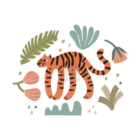Photo for Fashionable print with tiger and flowers. Vector natural composition is hand drawn style - Royalty Free Image