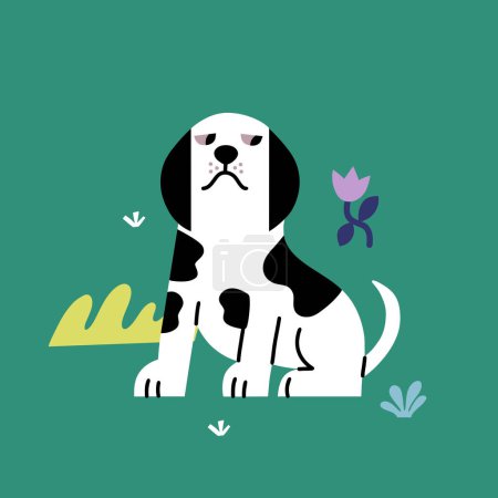 Illustration for Sad dog with flowers on a green background. Vector illustration vibrant colors. - Royalty Free Image