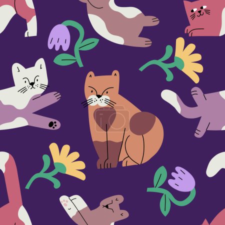 Illustration for Seamless pattern with cats. Fashionable background for wallpaper and textiles in a flat style. - Royalty Free Image