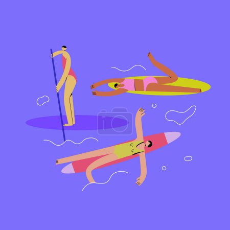 Photo for Group of young girls riding a surfboard. Fashionable vibrant print. Vector illustration in a flat style. - Royalty Free Image