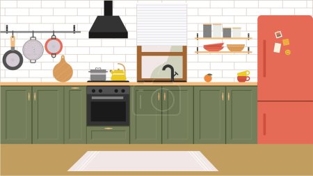 Modern interior design home kitchen. Dining area in the house, kitchen utensils. Colored flat vector illustration of room in modern style.