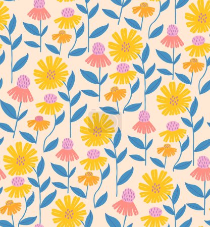 Floral seamless pattern with yellow daisies. Botanical bright wallpaper with flowers. Repeating vector pattern for wrapping paper.