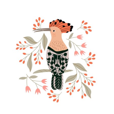 Vector illustration with hoopoe and red berries. Beautiful autumn print with a bird.