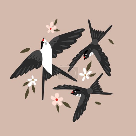 Ilustración de Ilustración vectorial con golondrina y flores. Estampados vintage con un pájaro volador - Imagen libre de derechos