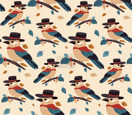 Photo for Vintage pattern with a bird in a hat. Perfect for fabric, wrapping paper and autumn projects. - Royalty Free Image