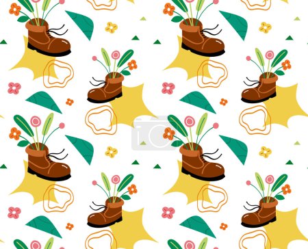 Photo for Seamless pattern with shoe and flowers. Vector fashion background with flowers and a touch of tourism - Royalty Free Image