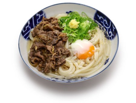 Foto de Sanuki udon con carne de res y huevo cocido, plato de fideos japoneses - Imagen libre de derechos