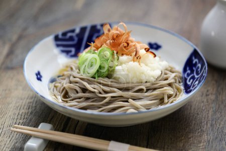 Téléchargez les photos : Oroshi soba, nouilles de sarrasin réfrigérées japonaises garnies de radis daikon râpé est mangé avec de la soupe soba. - en image libre de droit