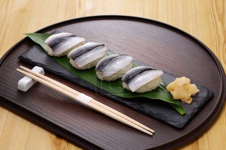 Nigiri sushi of Scaled sardine (Japanese name is Sappa or Mamakari). Japanese food.
