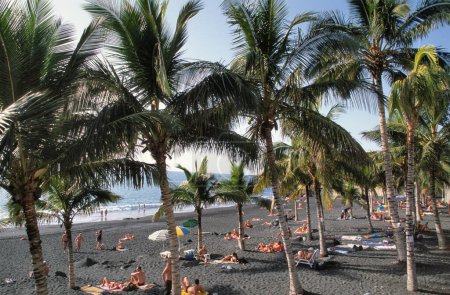 Téléchargez les photos : PUERTO NAOS, LA PALMA-12 SEPTEMBRE 2018 : Touristes sur la plage de volcan noir de Puerto Naos, La Palma, Îles Canaries, Espagne - en image libre de droit