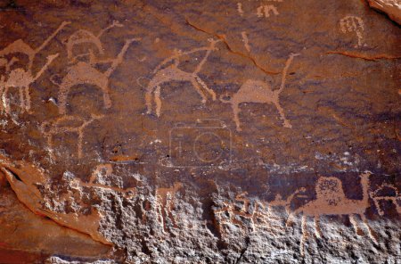 Photo for Close up frontal view of the prehistoric stone inscriptions and petroglyphs made by nomadic bedouins on the surface of red sandstone rocks of Wadi Rum, Jordan. Figures depict camels - Royalty Free Image