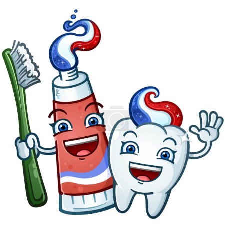 Photo for Best Friends Forever Tooth and Toothpaste Smiling Hugging and Laughing, Dental Vector Cartoon Characters - Royalty Free Image