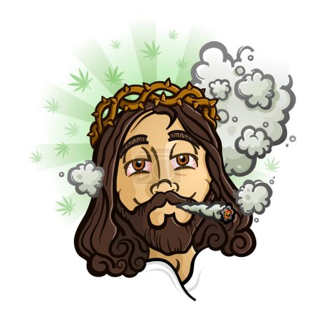 Illustration for Marijuana Jesus cartoon character smoking a fat joint with a surrounding haze of billowing smoke vector illustration - Royalty Free Image