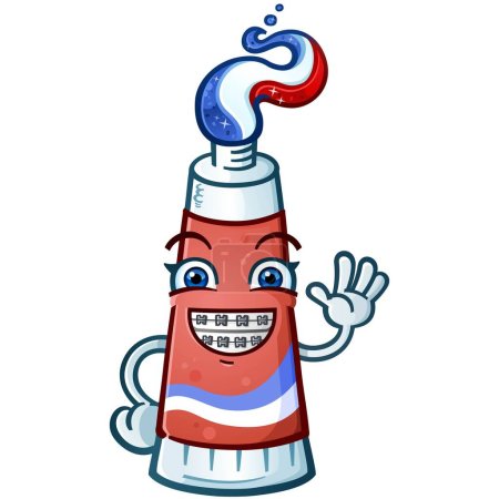 Téléchargez les illustrations : Une mascotte de personnage de dessin animé en dentifrice enfantin avec un gel rouge blanc et bleu en forme de coiffure portant des appareils orthodontiques sur son énorme sourire et agitant pour attirer votre attention sur la santé dentaire - en licence libre de droit