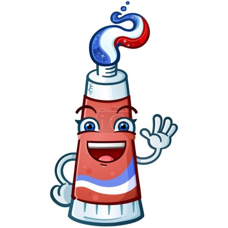 Téléchargez les illustrations : Une mascotte de personnage de dessin animé en dentifrice enfantin avec gel rouge blanc et bleu en forme de coiffure avec un grand sourire agitant pour attirer votre attention sur la santé dentaire - en licence libre de droit