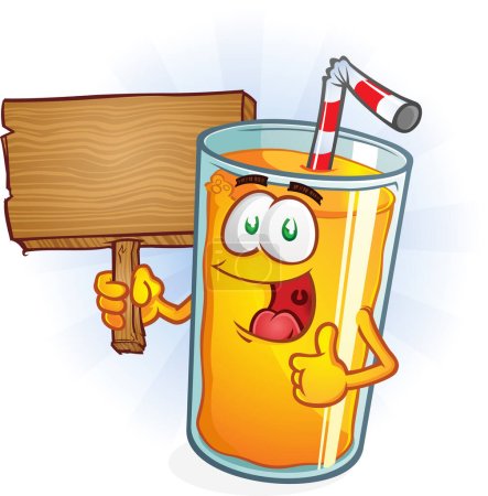Photo for Orange Juice breakfast Cartoon Character Holding a wooden Sign with a big smile on his face vector clip art - Royalty Free Image