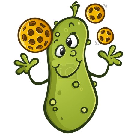 A cute happy pickleball pickle cartoon mascot juggling a few yellow plastic pickleballs
