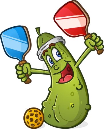 Pickleball cartoon mascot wearing a sweatband and holding two paddles and ball with a big smile on his face ready for a match up