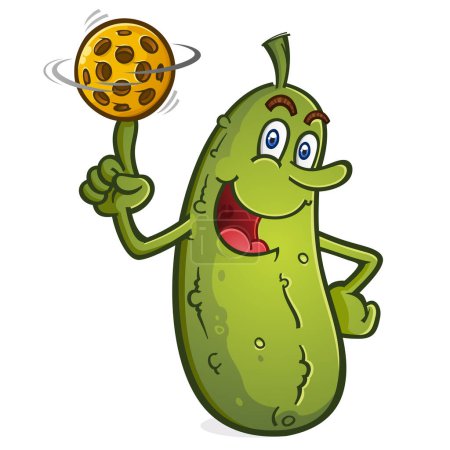 Ein fröhliches Pickle-Cartoon-Maskottchen balanciert einen Pickleball auf seinem Finger und dreht ihn wie einen Basketball 