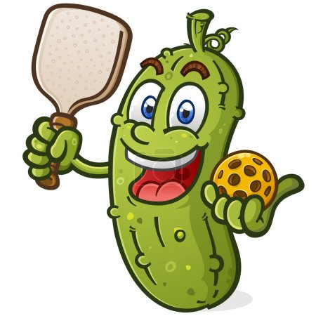Pickle ball cartoon mascot holding a paddle and a yellow plastic ball with a big smile on his face