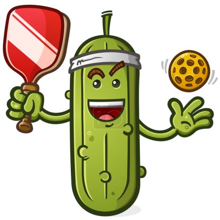 Pickle ball cartoon mascot wearing a sweatband and holding a paddle and ball with a big smile on his face ready for a match up
