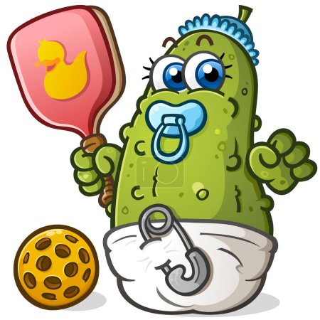 Photo for A cute baby cartoon playing pickleball cartoon character holding a rattle paddle and wearing a big diaper - Royalty Free Image