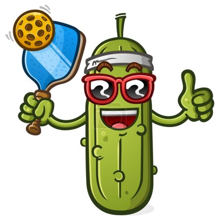 A happy pickleball cartoon mascot with a racket and ball wearing sunglasses and giving a thumbs up