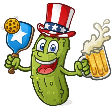 Ein patriotisches Pickleball-Maskottchen, das einen großen Becher Bier trinkt und einen Onkel-Samhut trägt, der bereit ist, Action zu servieren
