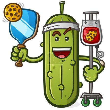 Pickle Cartoon Mascot wearing a Sweatband and holding a Paddle and Ball, Pickleball is in my blood vector character illustration