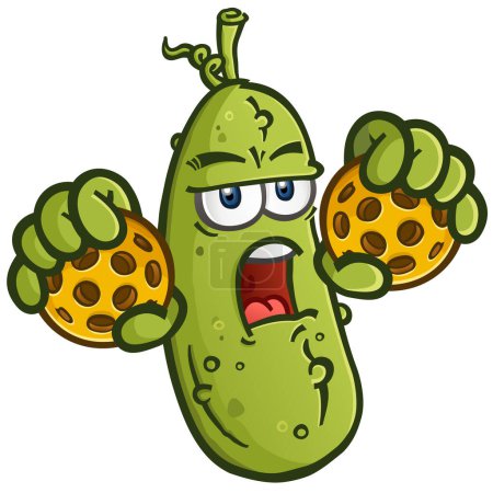 A grumpy old pickle cartoon character holding a couple pickleballs in his fists and ready to start some trouble on the court vector illustration