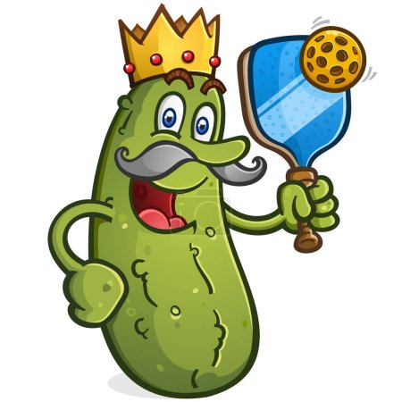 Téléchargez les illustrations : Cartoon pickle king pickle tenant une pagaie de pickleball et une balle prêtes à régner sur le terrain et à vous donner un coup royal dans une illustration vectorielle de match - en licence libre de droit