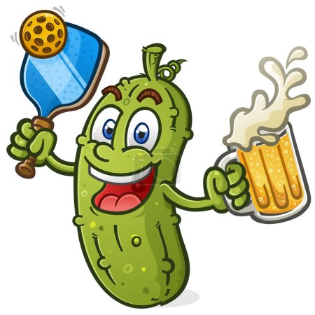 Pickle Cartoon Maskottchen hält ein Pickleball Paddel und Ball und trinkt einen großen Becher Bier Vektor Illustration