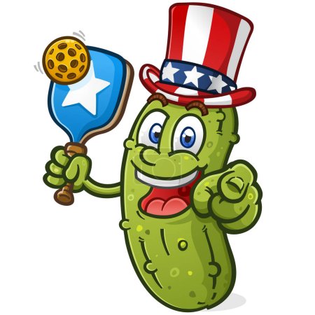 Une mascotte patriotique de cornichon oncle Sam dessin animé pointant vers vous et portant un chapeau oncle Sam prêt à servir toute l'action américaine sur le terrain de pickleball le jour de l'indépendance illustration vectorielle