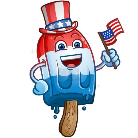 Téléchargez les illustrations : Barre de glace glacée popsicle habillé comme Oncle Sam agitant un drapeau américain sur l'illustration vectorielle de personnage de dessin animé du 4 juillet - en licence libre de droit