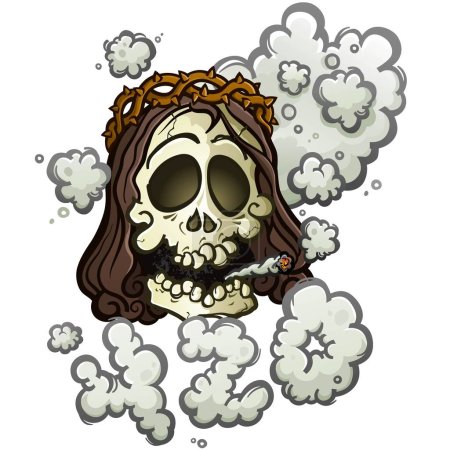 Illustration for Marijuana Jesus skull cartoon character smoking a fat joint with a surrounding haze of billowing smoke shaped like four twenty 420 vector illustration - Royalty Free Image