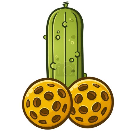 A large phallus made of a pickle shaft and two pickleballs shaped like a manly penis and testicles cartoon vector illustration