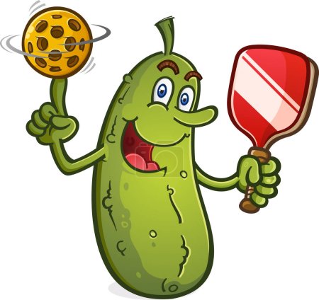 A cheerful pickle cartoon mascot balancing a pickleball on his finger and spinning it like a basketball and holding a paddle ready for a rousing game on the courts