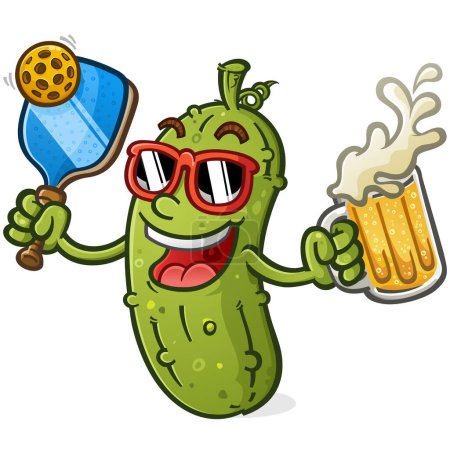 Cool pickle cartoon mascot with attitude holding at tall mug of beer and wearing sunglasses vector illustration