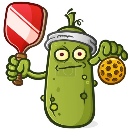 Photo for Pickle zombie cartoon mascot wearing a sweatband and holding a paddle and ball ready for a pickleball match up - Royalty Free Image
