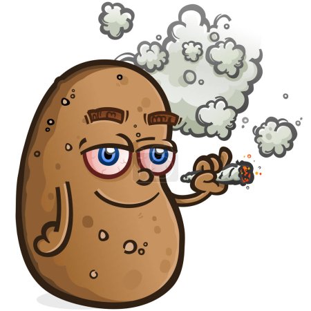 Illustration for A baked potato cartoon character getting high and smoking a big fat marijuana joint making for a funny pun about being stoned - Royalty Free Image